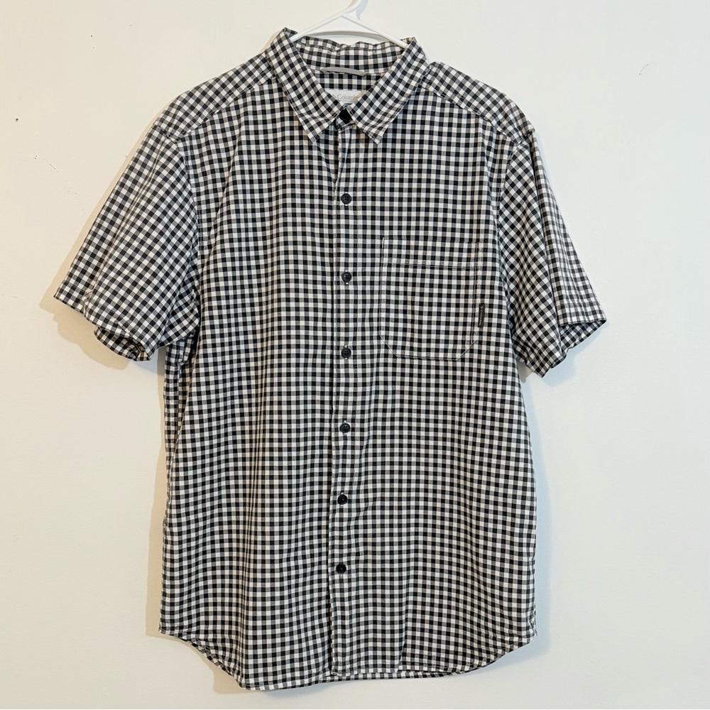 Columbia Black White Gingham Short Sleeve Button Up Shirt Men’s Medium Cotton